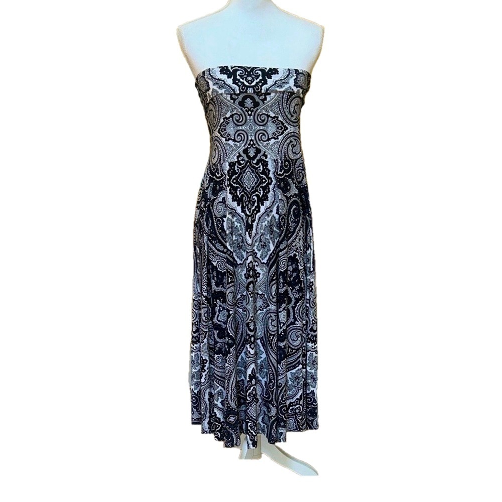 INC Navy Blue White Paisley Women’s Strapless Midi A Line Cocktail Party Dress M